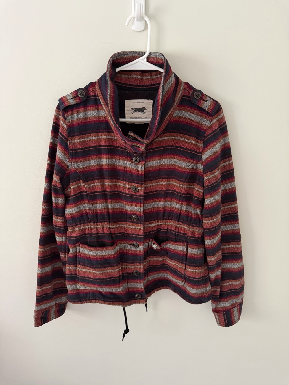 Obey Striped Utility Jacket in Burgundy, Navy & Rust
